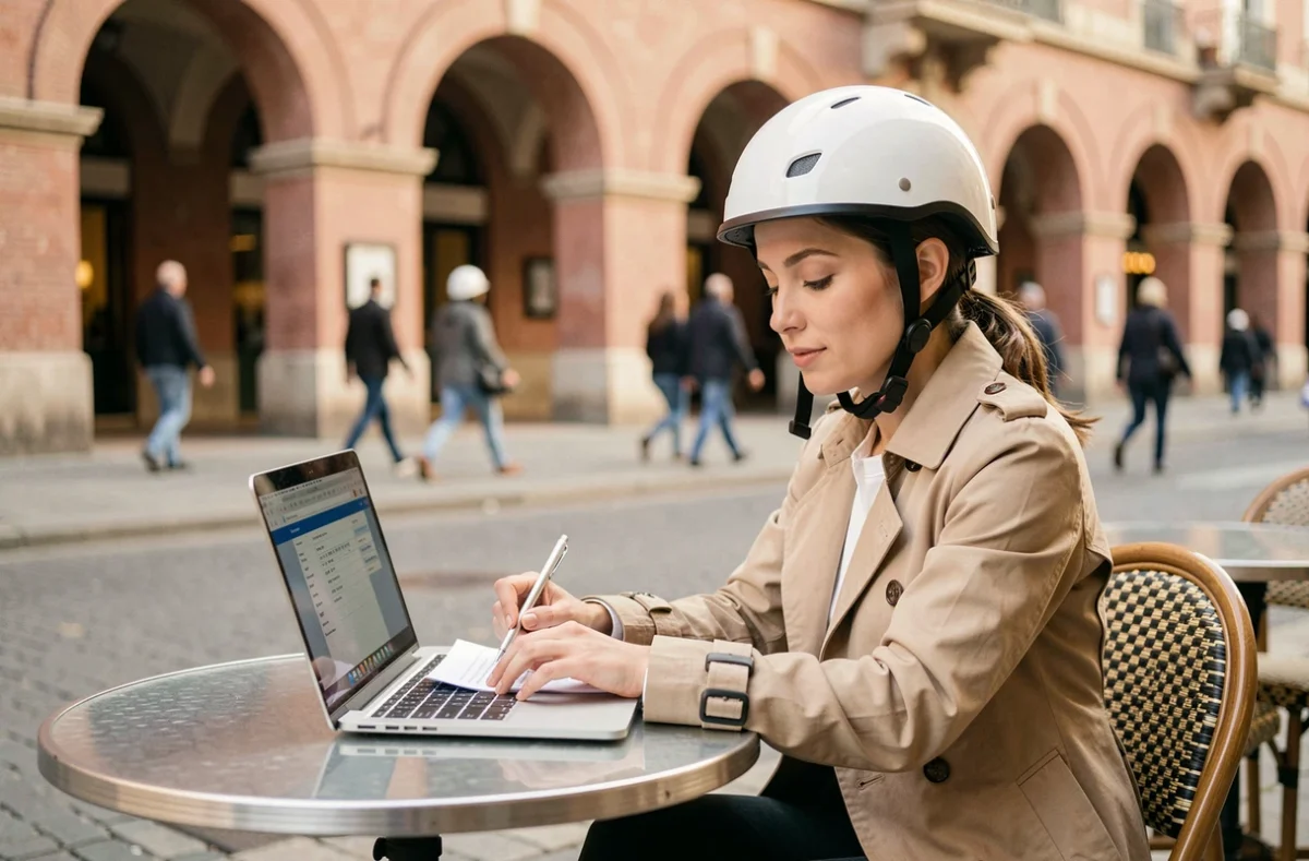Femme au casque scooter complétant un devis d'assurance en ligne à une terrasse de café à Toulouse