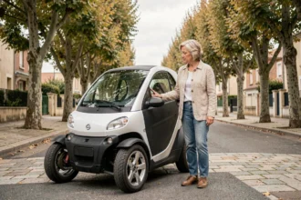 Femme examinant une voiture sans permis garée dans une rue résidentielle française avant achat