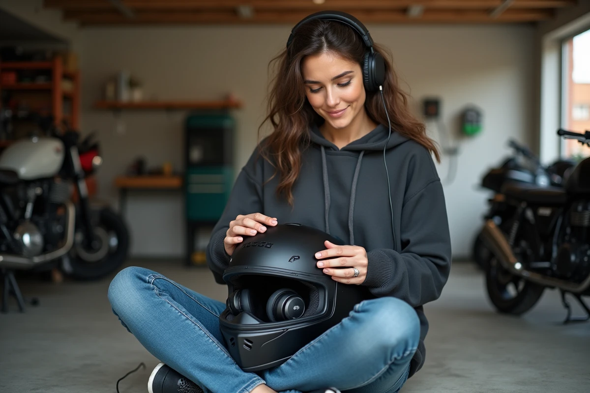 Femme ajustant ses écouteurs dans son casque moto intérieur