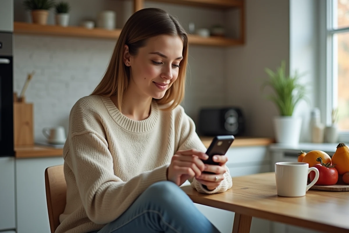 Jeune femme utilisant un GPS dans une cuisine moderne
