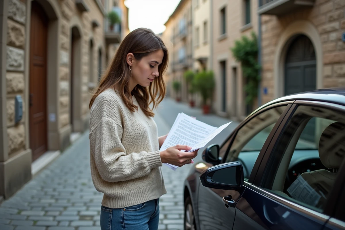 Femme consultante un manuel pour mettre à jour le GPS de sa voiture