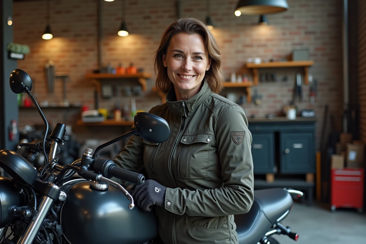 Femme en équipement moto dans un atelier urbain