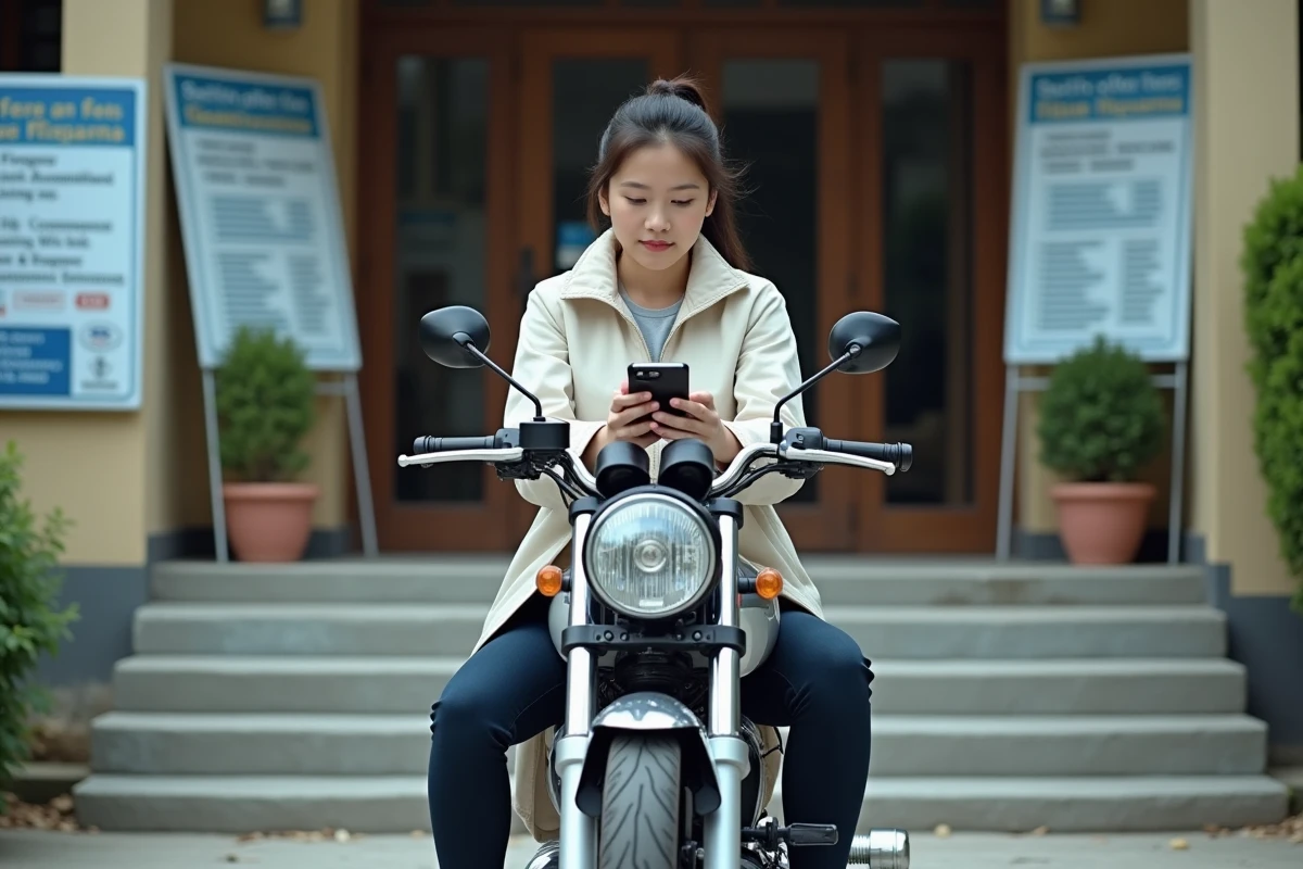 Femme consulte son smartphone sur moto en ville