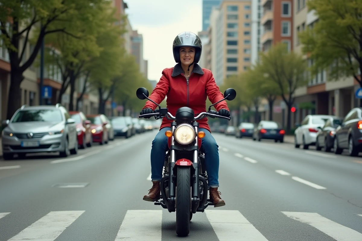 Femme à moto à un passage piétons en ville
