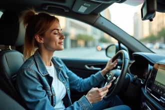 Femme écoutant de la musique dans un SUV moderne avec une application musicale sur smartphone, ambiance apaisante dans l'habitacle