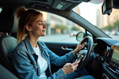 Femme écoutant de la musique dans un SUV moderne avec une application musicale sur smartphone, ambiance apaisante dans l'habitacle