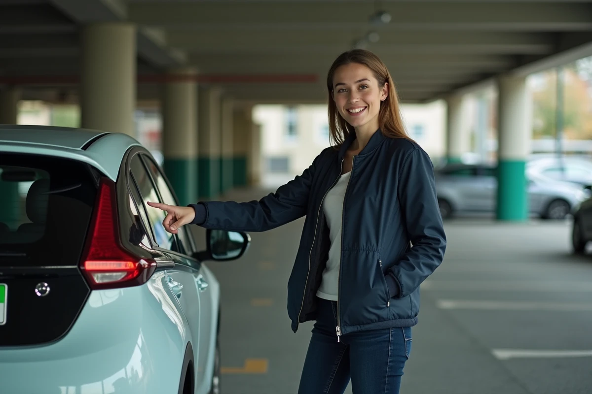 Femme montrant la plaque d'immatriculation verte d'un véhicule électrique dans un parking urbain français