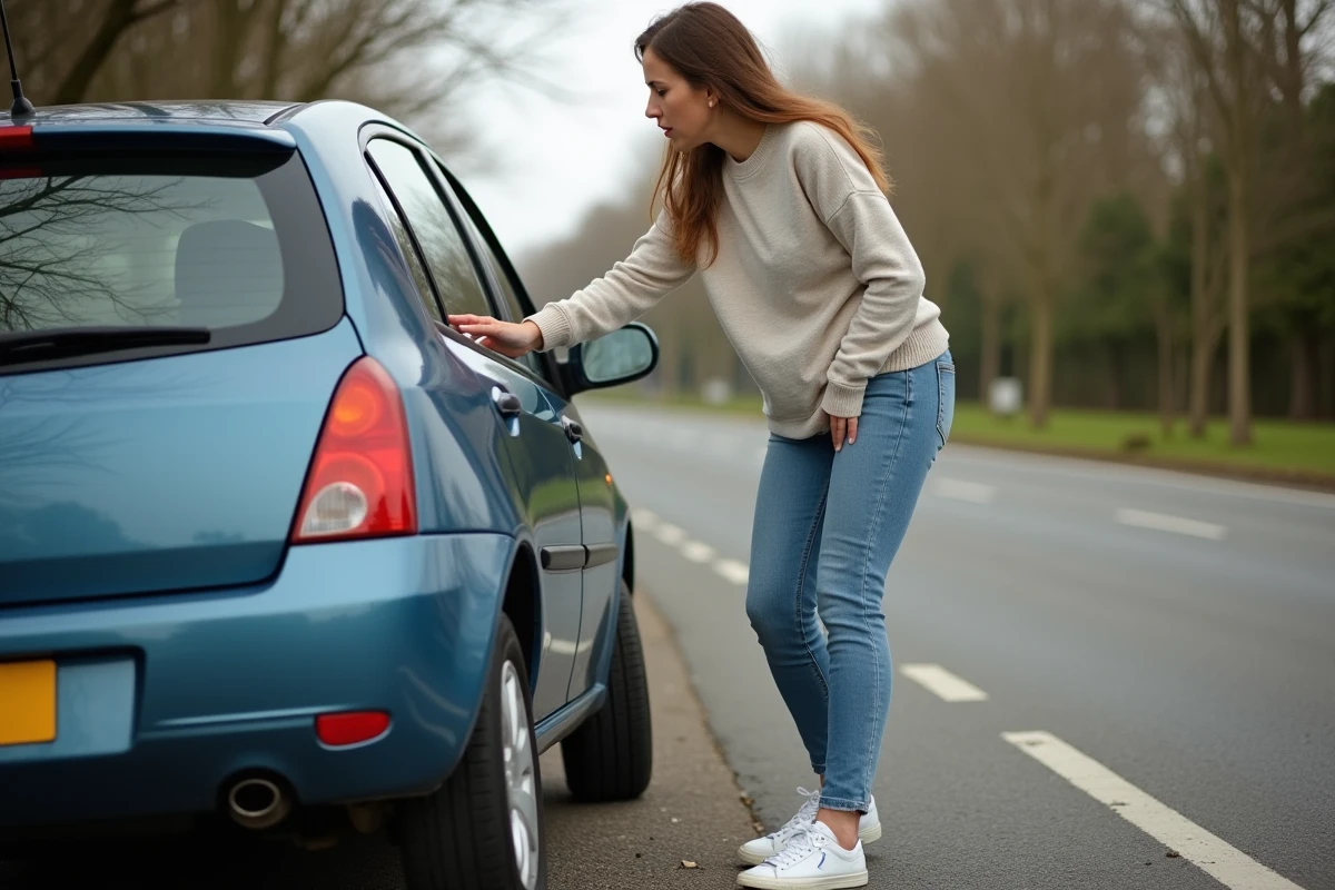 Jeune femme vérifiant un pneu crevé sur le bord de la route