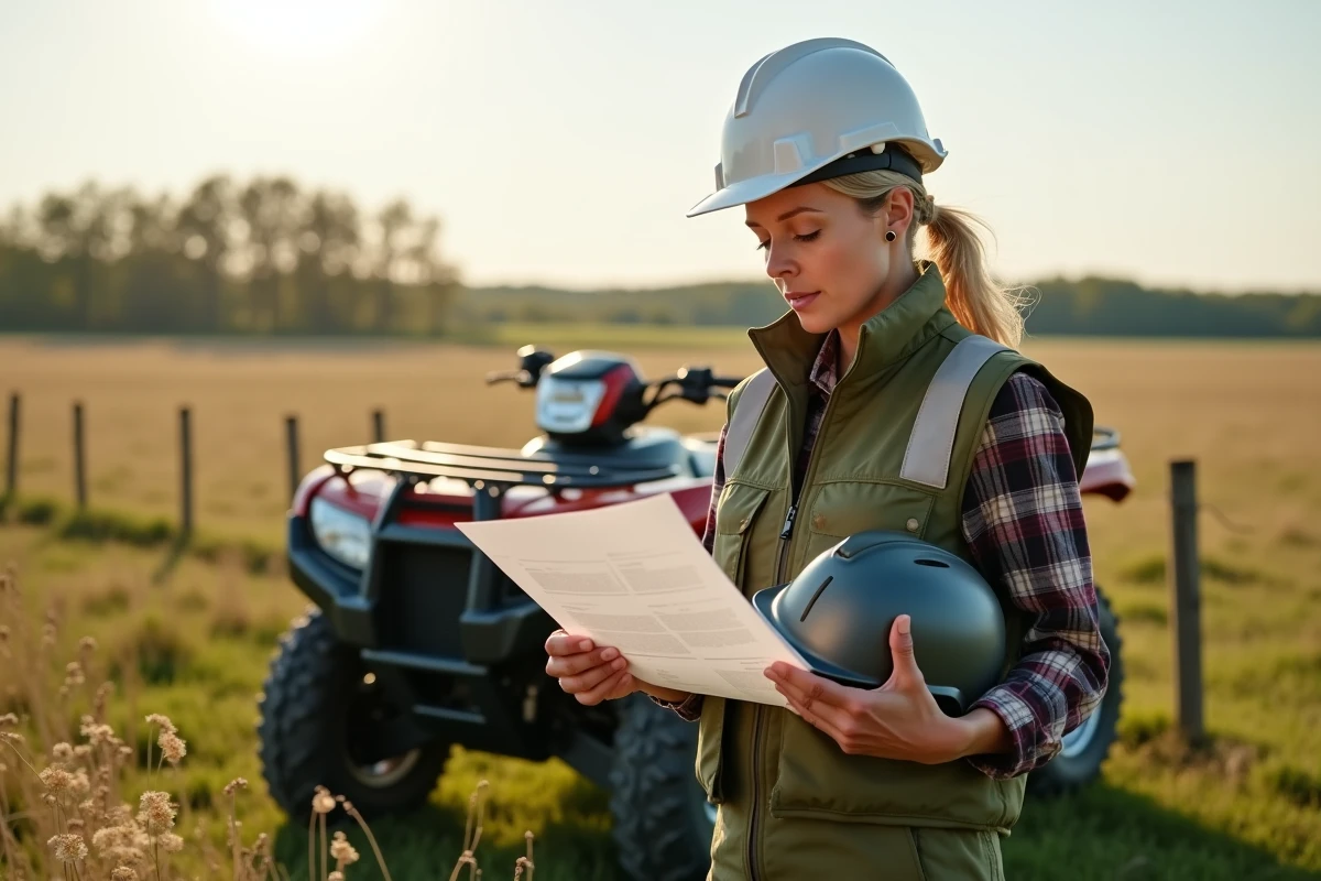 Femme avec casque et papiers près d’un quad en campagne