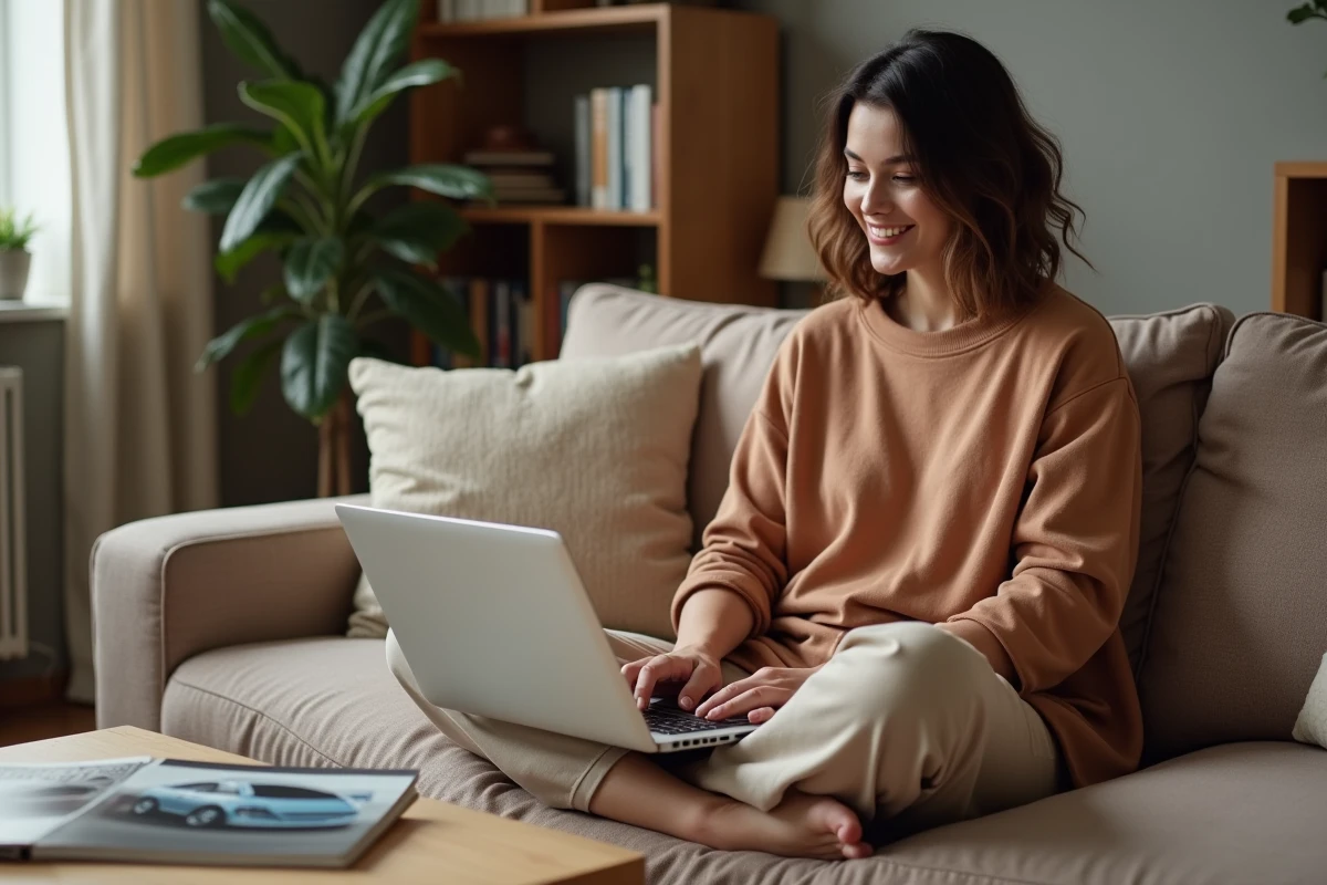 Femme recherchant la musique d'une publicité Peugeot 5008 sur un ordinateur portable dans un salon moderne et chaleureux
