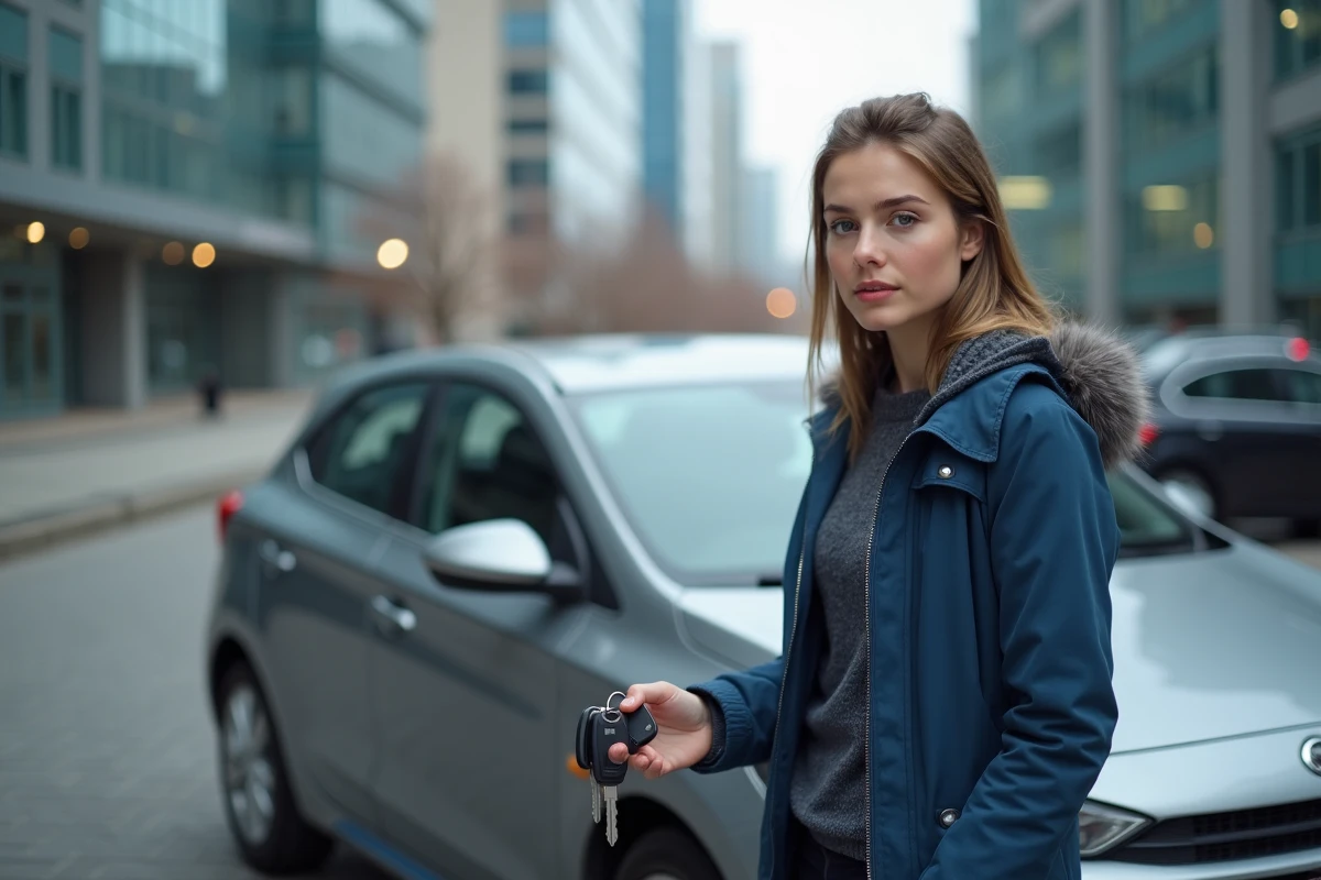 Jeune femme remettant des clés de voiture dans un parking urbain