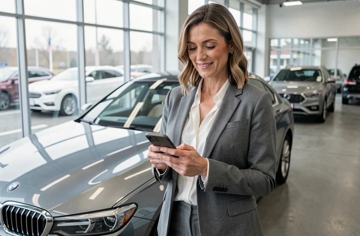 Femme utilisant son smartphone dans un concessionnaire automobile pour comparer des assurances voiture