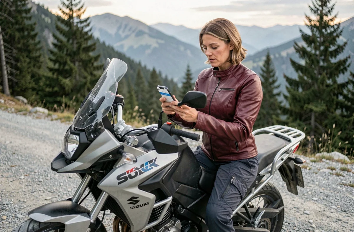 Femme en veste moto sur une Suzuki V-Strom consultant une assurance sur smartphone en montagne