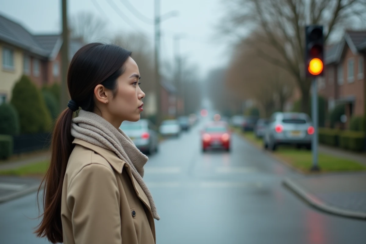 Jeune femme observant le feu orange dans un quartier