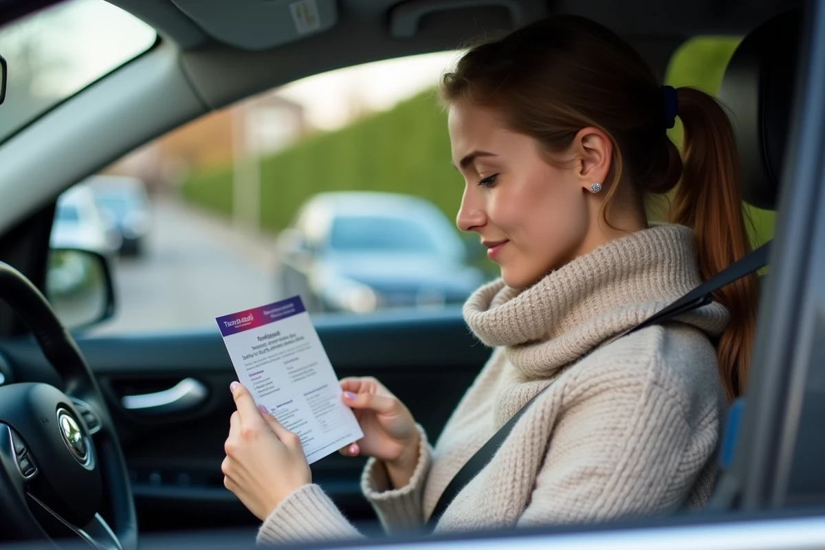 Jeune femme dans sa voiture vérifiant sa carte grise