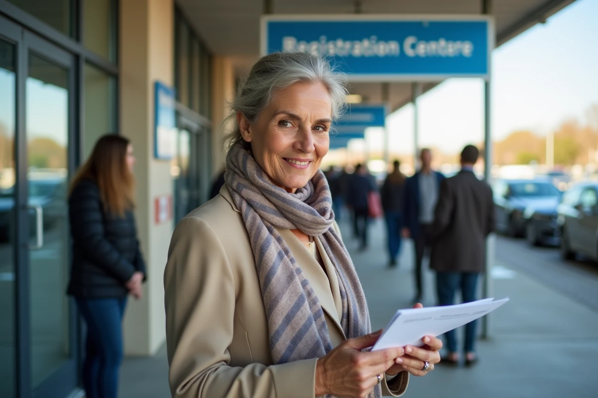 Femme vérifiant ses documents devant un centre d