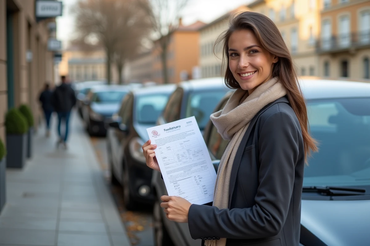 Jeune femme vérifiant sa carte grise à côté de sa voiture