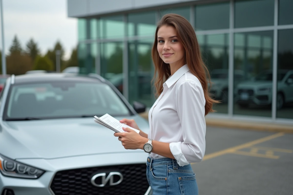Jeune femme avec voiture en concession en extérieur