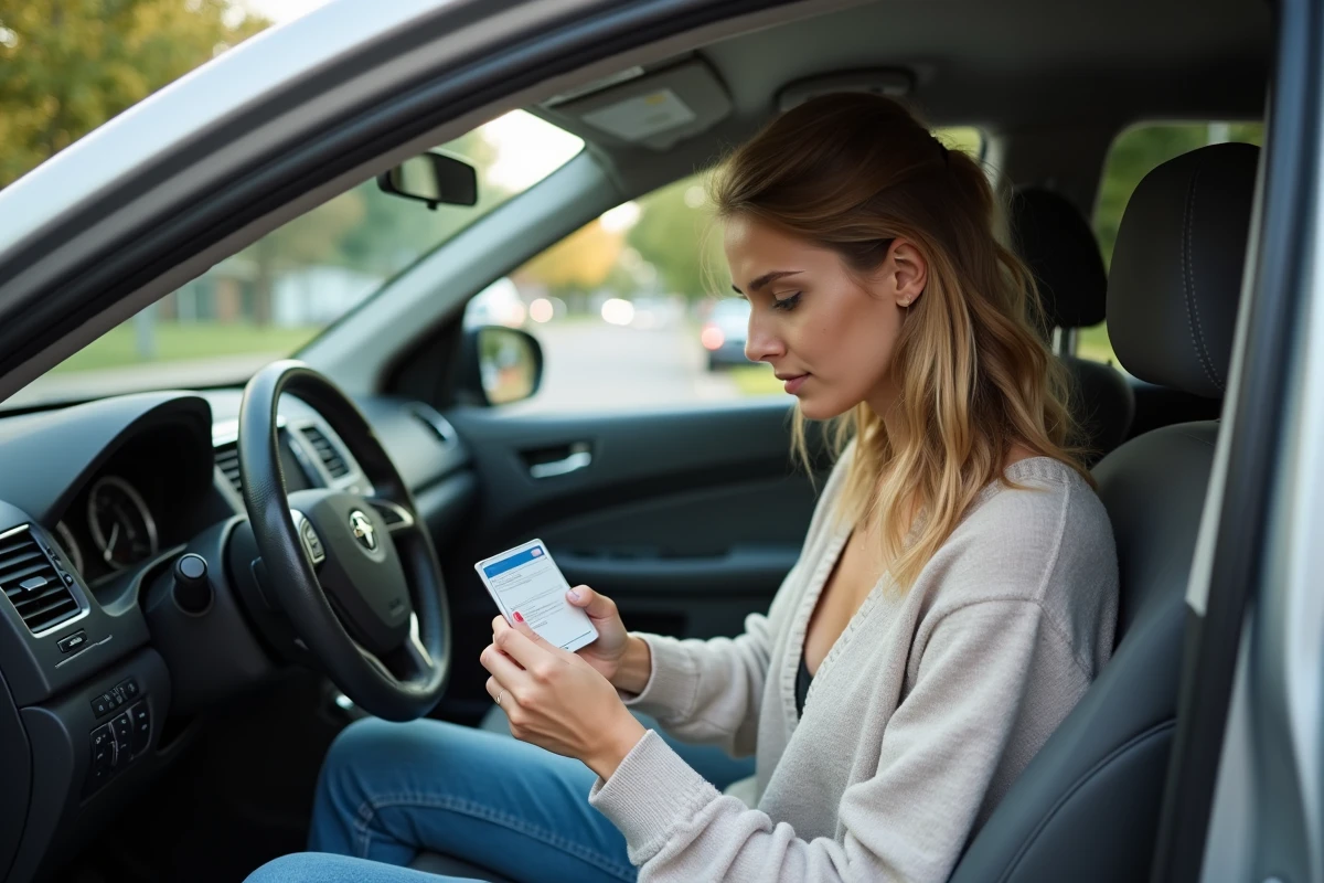 Jeune femme regardant son permis de conduire dans la voiture
