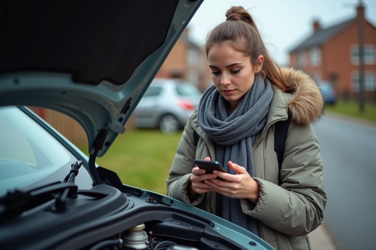 Jeune femme vérifiant le moteur de sa voiture avec smartphone