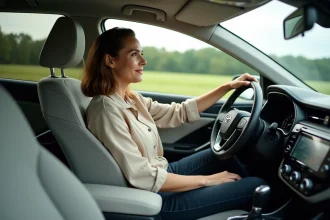 Femme au volant d'une Toyota Corolla lors d'un long trajet autoroutier, intérieur confortable en tissu gris