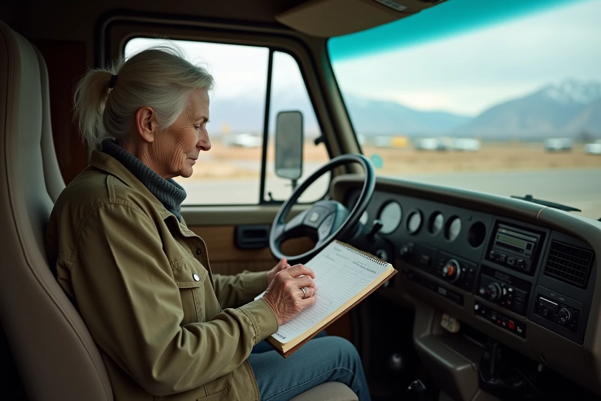 Femme âgée examinant un carnet de maintenance dans une camionnette diesel