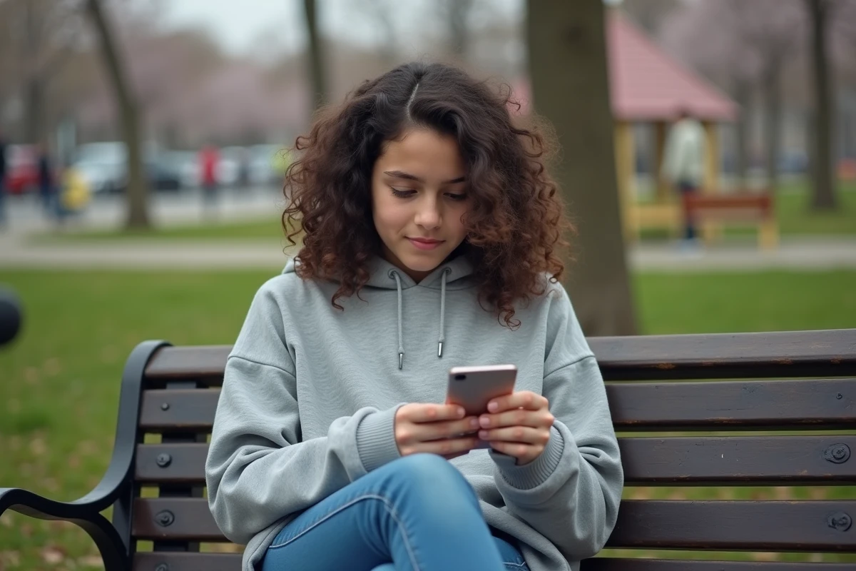 Fille assise sur un banc de parc vérifiant sa licence de moped