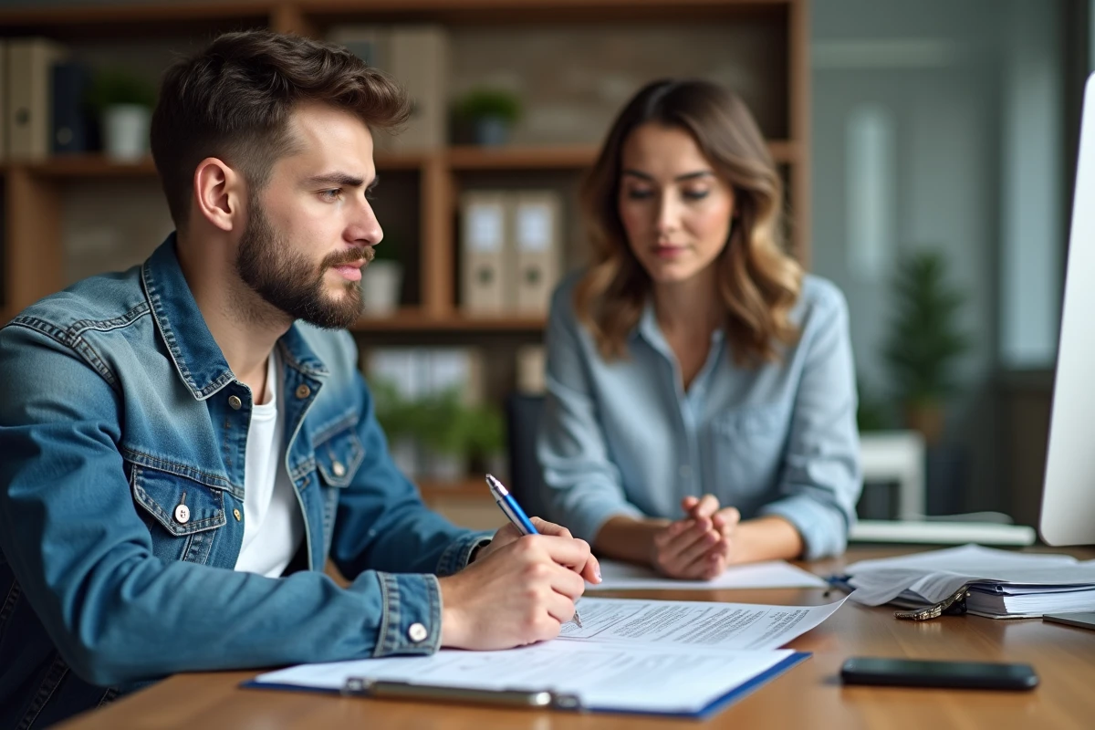 Jeune père remplissant un constat d accident au bureau
