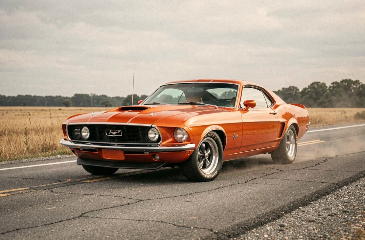 Ford Mustang SS 1969 restaurée en orange Hugger photographiée en trois quarts avant sur une route américaine ouverte