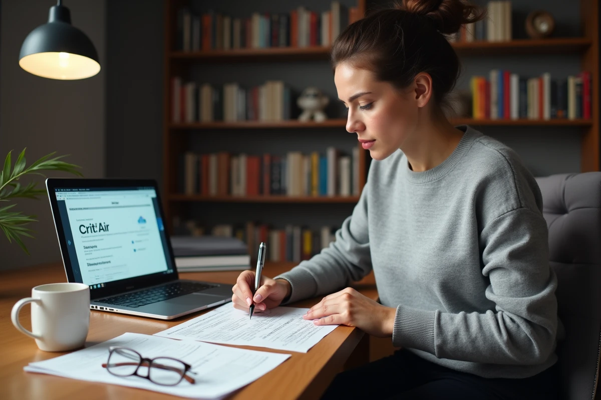 Femme remplissant un formulaire de contestation de classification Crit'Air à son bureau à domicile