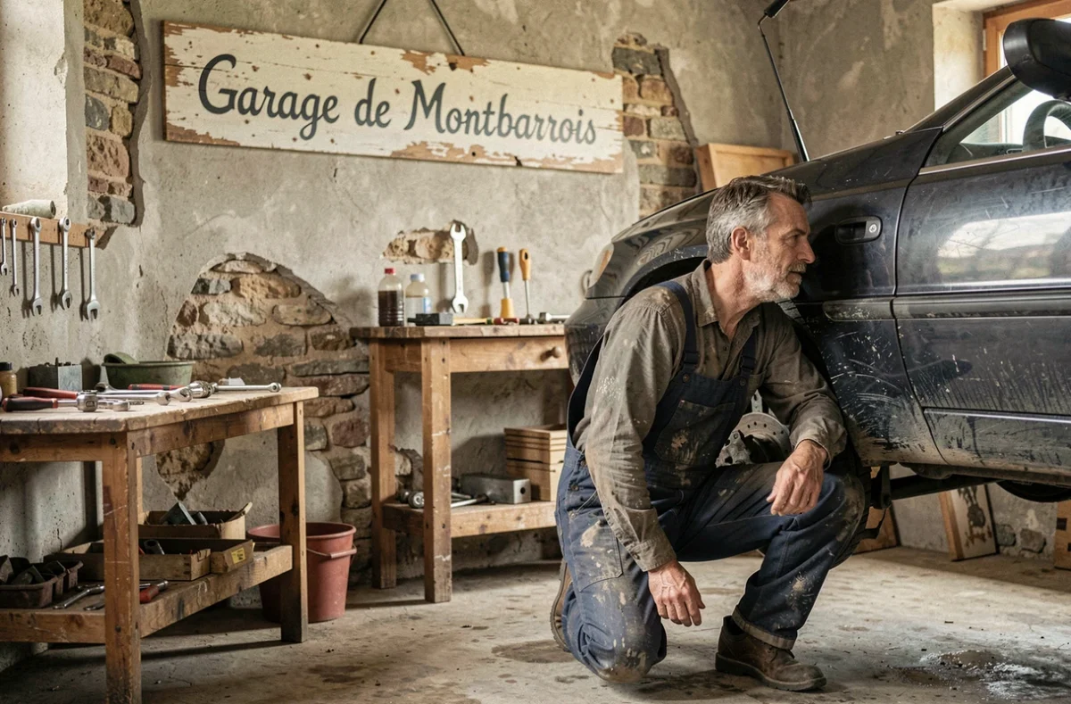 Mécanicien au travail dans le Garage de Montbarrois, petit garage rural du Loiret spécialisé en entretien automobile