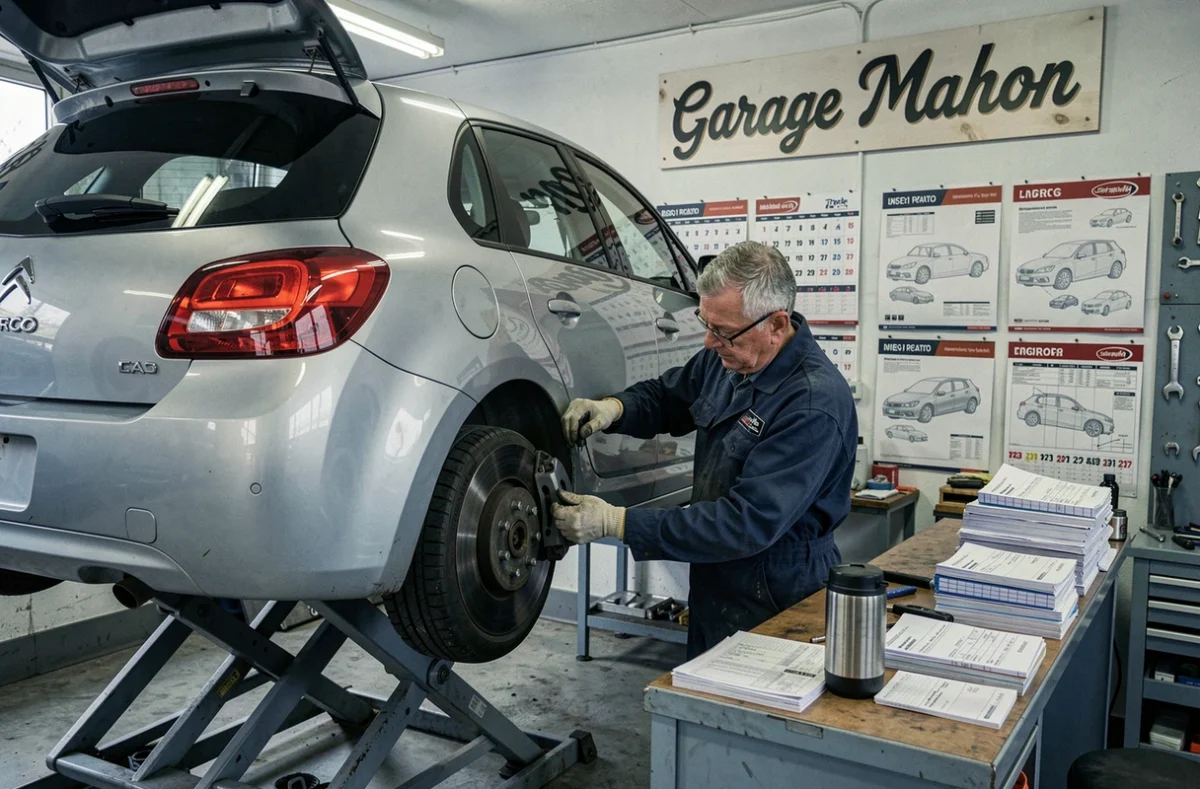 Mécanicien du Garage Mahon dans le Loiret effectuant un remplacement de plaquettes de frein sur une Citroën