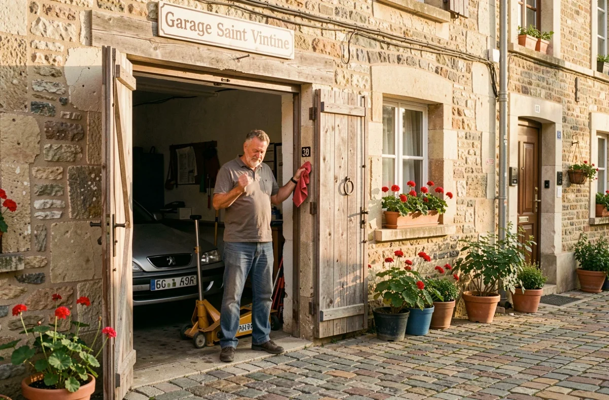 Façade du Garage Saint Vincent dans le Loiret, garage de quartier traditionnel avec mécanicien devant son atelier