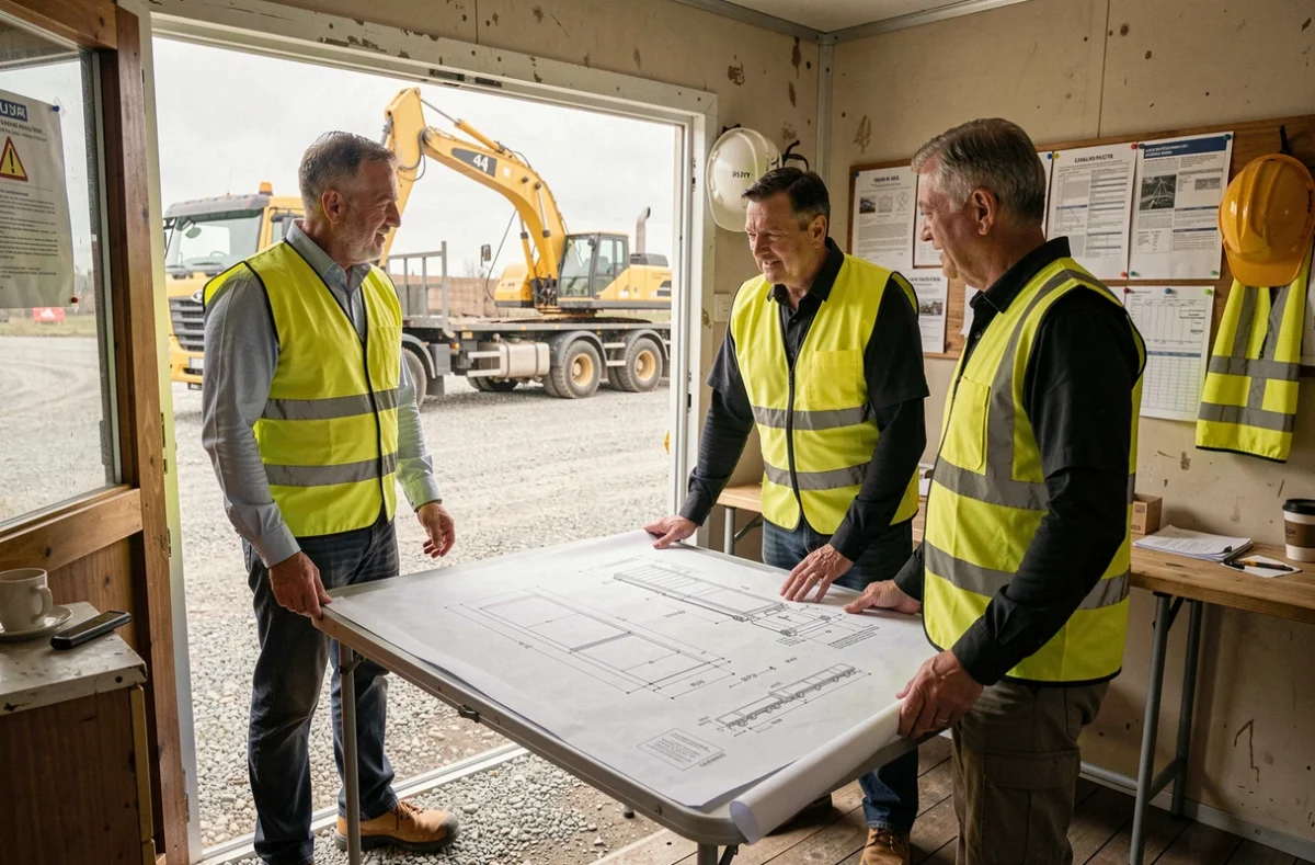 Responsables transport BTP étudiant les plans de dimensions d'une semi-remorque 44 tonnes dans un bureau de chantier avec convoi exceptionnel en arrière-plan