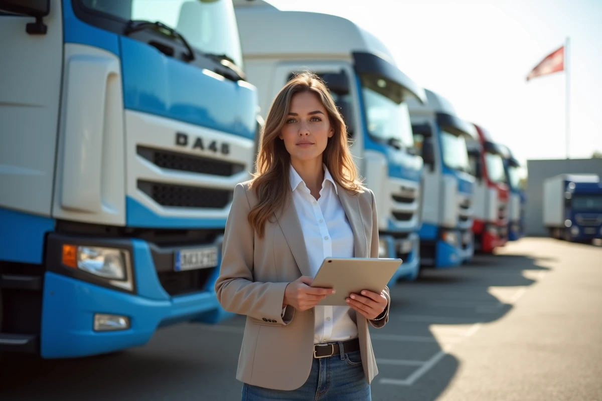 Jeune femme gestionnaire devant plusieurs camions en concession