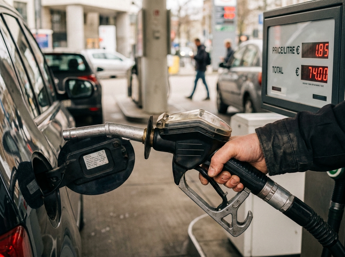 Gros plan sur une pompe à carburant avec affichage numérique du prix au litre lors d'un plein