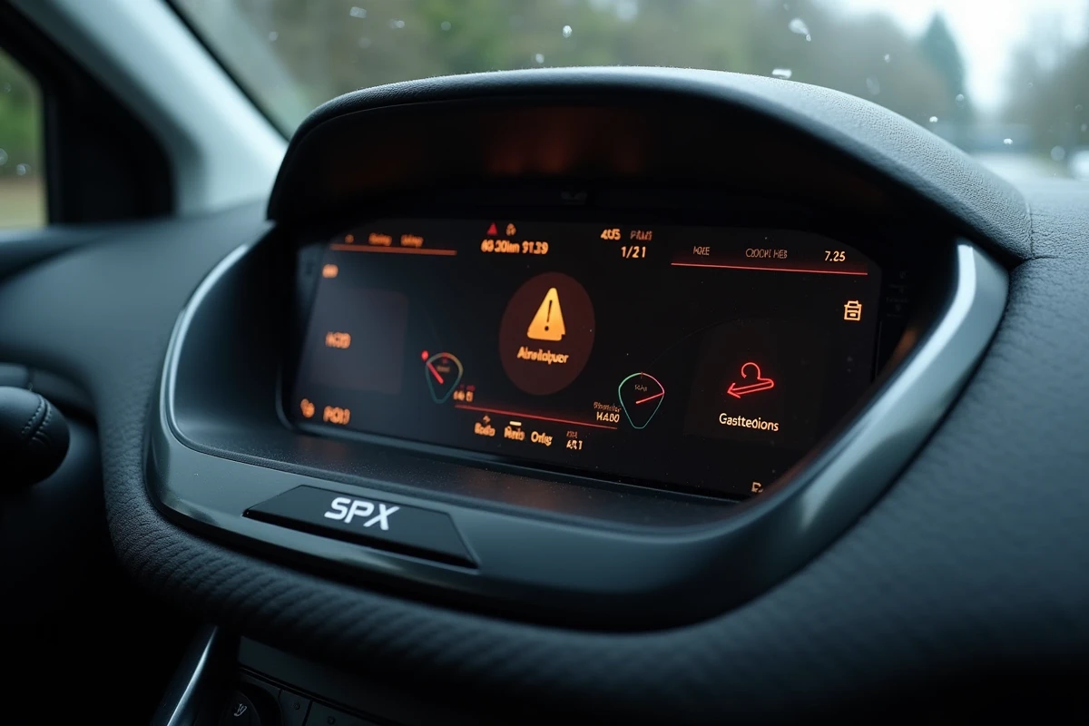 Gros plan sur les voyants d'avertissement du combiné numérique d'une Peugeot 208 sous la pluie