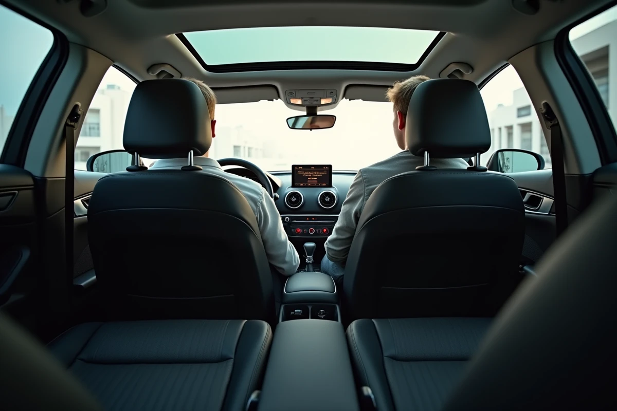 Habitabilité arrière de l'Audi A3 Sportback avec passager adulte assis, montrant l'espace aux jambes et la hauteur sous pavillon en conditions réelles