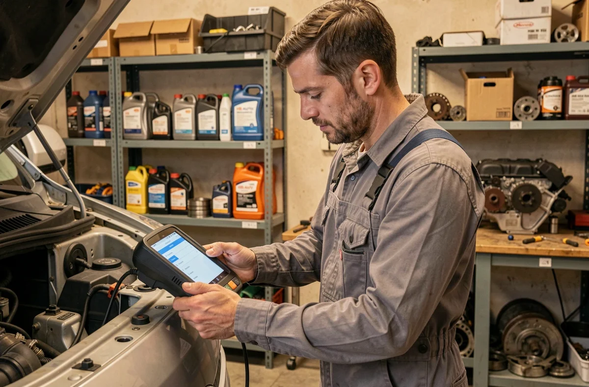 Mécanicien utilisant un scanner de diagnostic sur un SUV dans l'atelier HB Auto à Paris