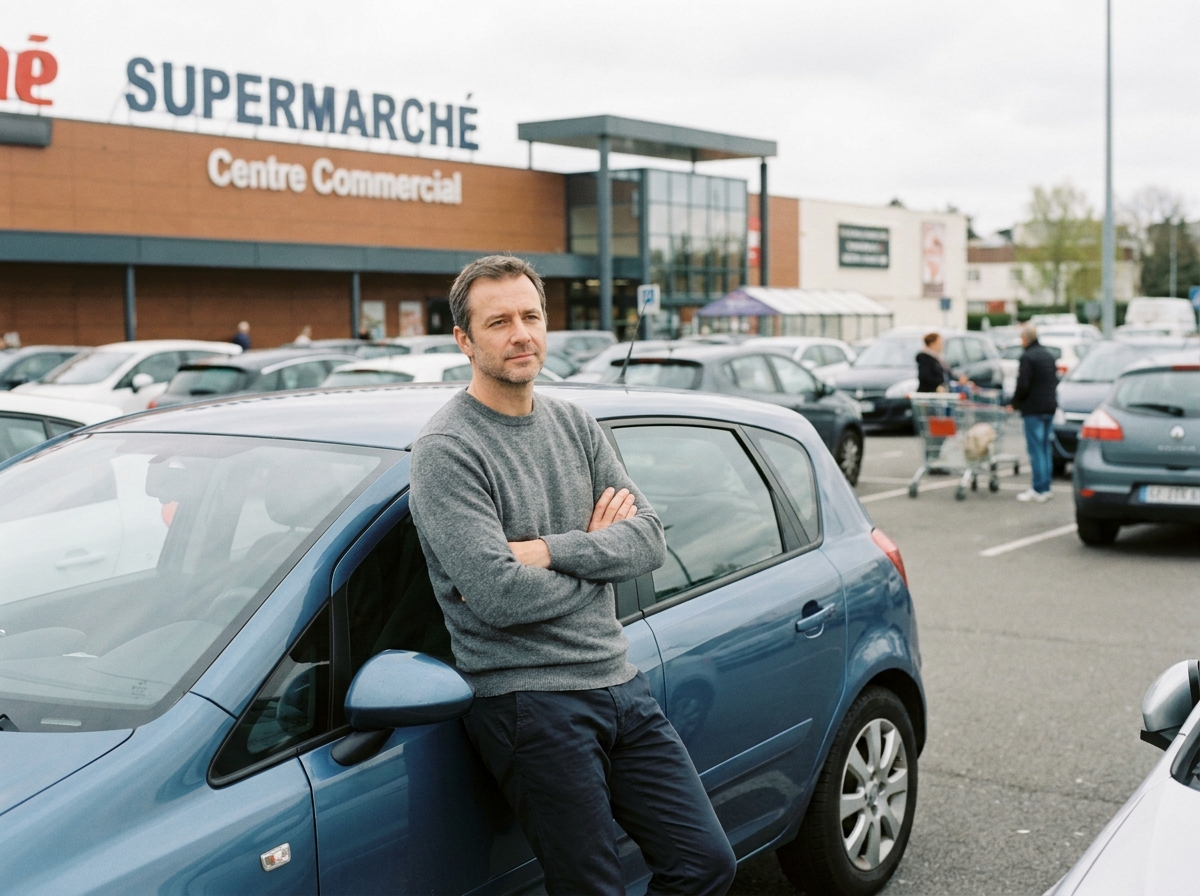Homme en pull gris évaluant une compacte familiale dans un parking de supermarché en banlieue, illustration du choix de voiture polyvalente au quotidien