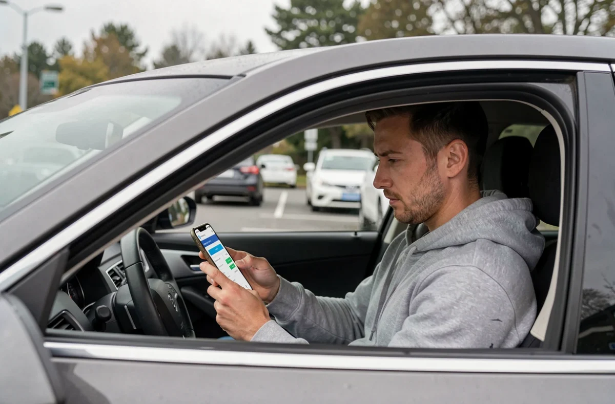 Homme consultant une application d'assurance auto pas chère sur smartphone dans sa voiture