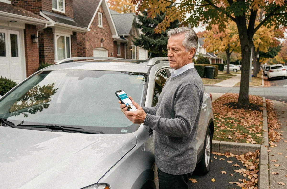 Homme d'âge mûr comparant des offres d'assurance auto sur smartphone devant son SUV