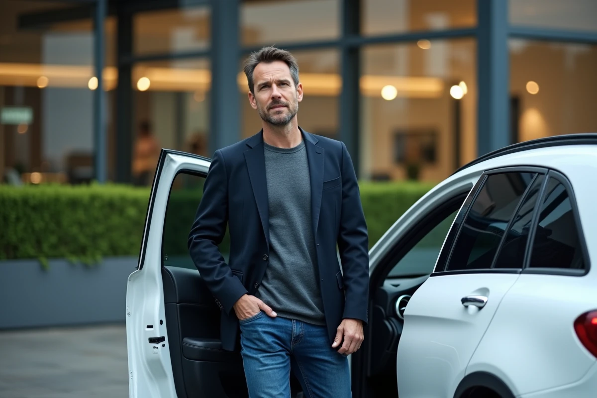 Homme debout près d'une Mercedes-Benz GLC blanche ouverte dans une concession automobile en banlieue