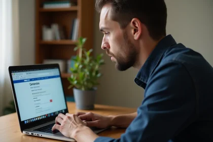 Homme consultant le site ANTS sur son ordinateur portable pour récupérer des points sur son permis de conduire