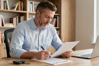 Homme lisant un contrat d'assurance voiture à son bureau pour changer d'assureur grâce à la loi Hamon
