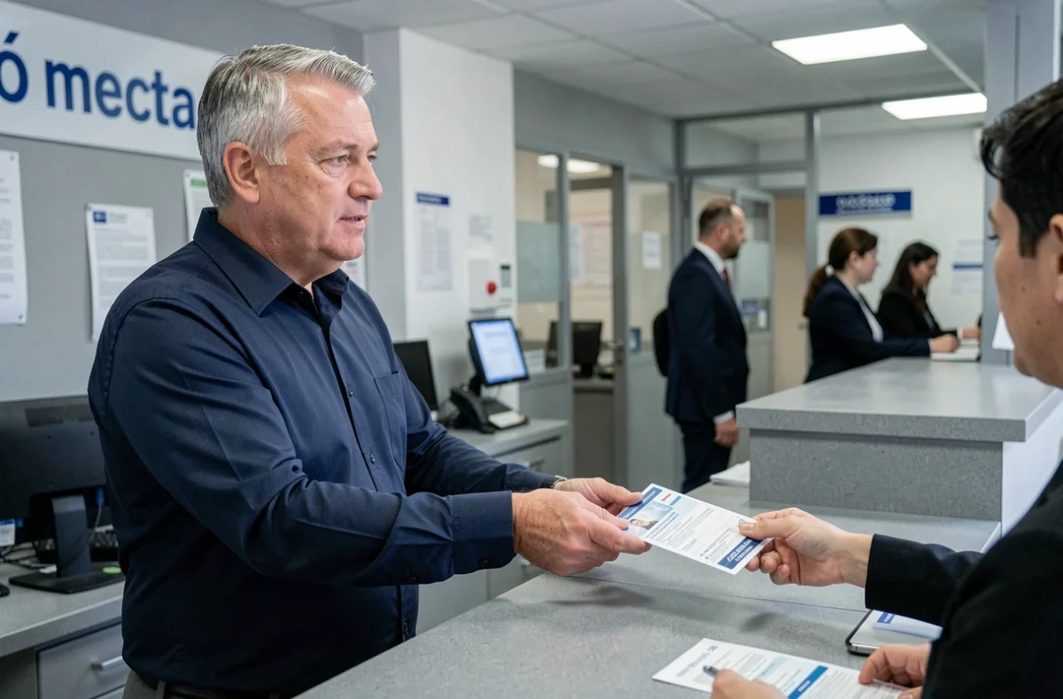 Homme déposant ses documents pour un changement de nom sur carte grise dans une préfecture française
