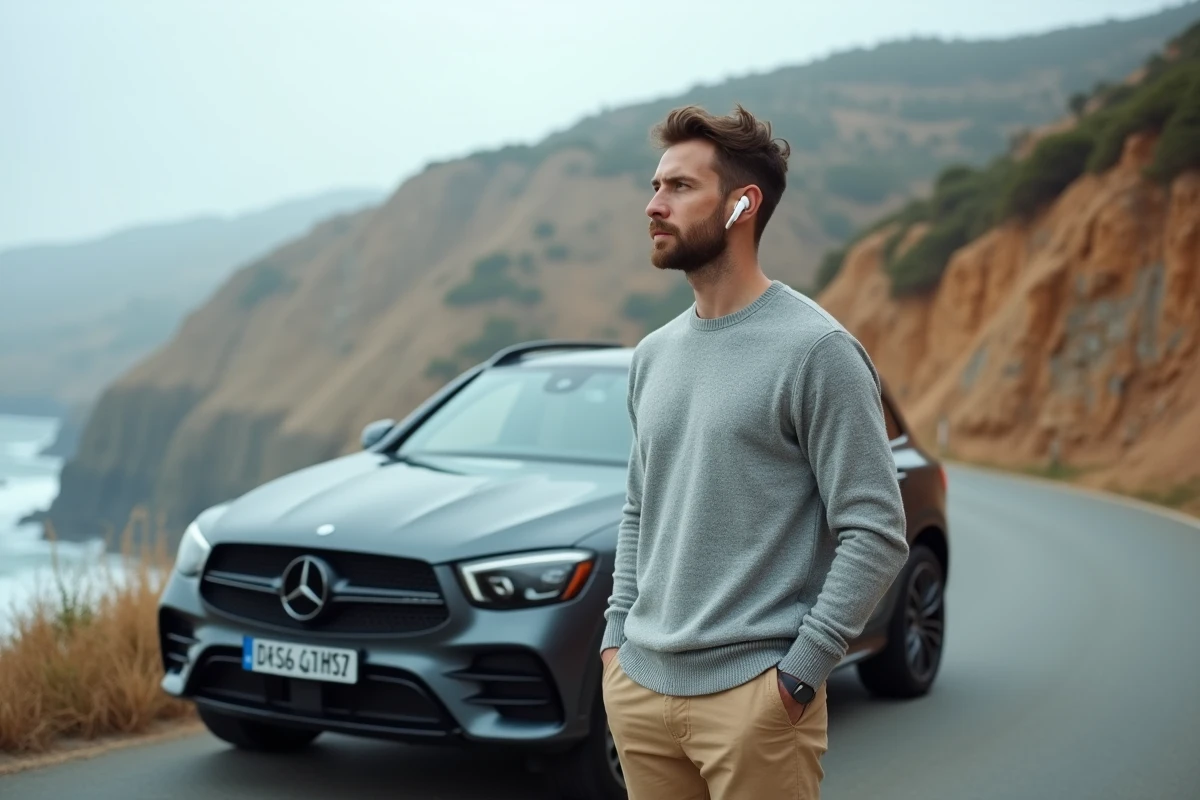 Homme avec écouteurs sans fil appuyé sur un SUV sur une route côtière, recherche musicale inspirée par une publicité Peugeot