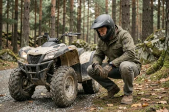 Homme inspectant son quad sur un chemin forestier avant de souscrire une assurance quad adaptée