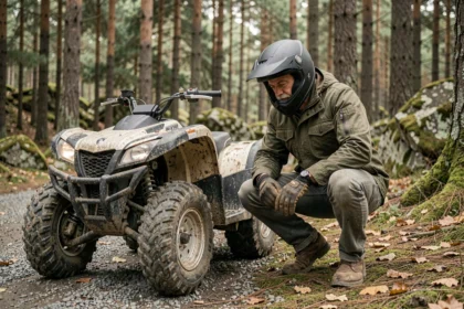 Homme inspectant son quad sur un chemin forestier avant de souscrire une assurance quad adaptée