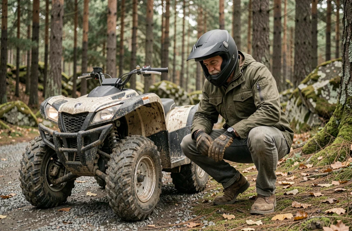 Homme inspectant son quad sur un chemin forestier avant de souscrire une assurance quad adaptée